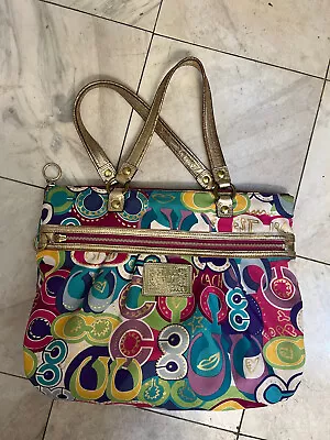 $45 • Buy COACH C1032 Poppy Story Patch Glam Bag Tote Purse Rare 15”x12”x3” Strap Drop 9”
