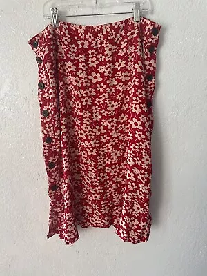 Madewell Red Cream Floral Midi Modest Side Buttons Skirt Size 10 • $24.99