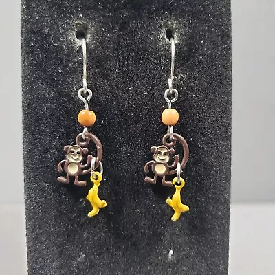 Pierced Earrings Monkey Banana Beaded Dangle Mid Century Modernist Boho 1.75  • $9.99