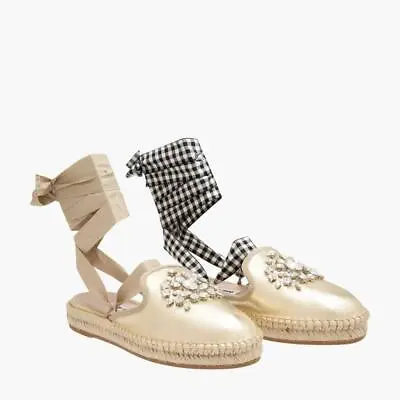 New Miu Miu Prada Gold Leather Crystals Espadrilles Lace Platform Shoes 38.5/8.5 • $374.99