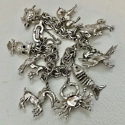 Mid Century Monet Silver Tone Charm Bracelet - ANIMALS • $98.95