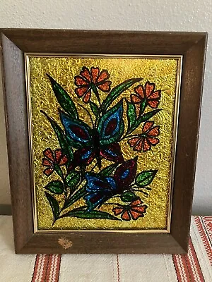 Vtg Folk Art Tinsel Foil Painting Artwork Butterfly Flowers Framed BRIGHT COLORS • $19.99