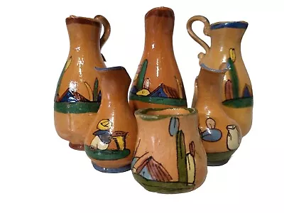 6 Vintage Handpainted Mexican Folk Art Clay Pottery Bud Vases Pitchers Southwest • $17.50