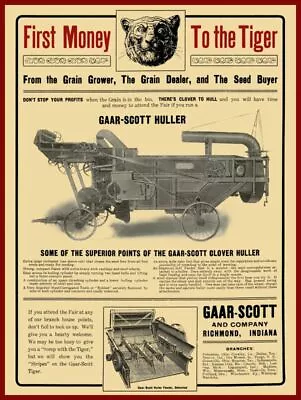 1905 Gaar Scott & Co NEW Metal Sign:  First Money To The Tiger  Richmond Indiana • $19.88