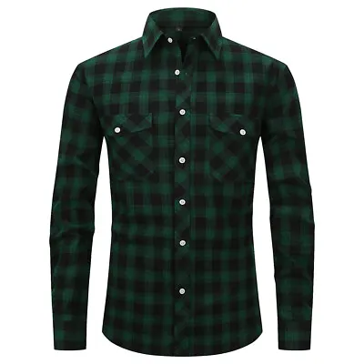 Mens Flannel Shirts Lumberjack Plaid Check Tartan Button Down Long Sleeve Tops • £14.69