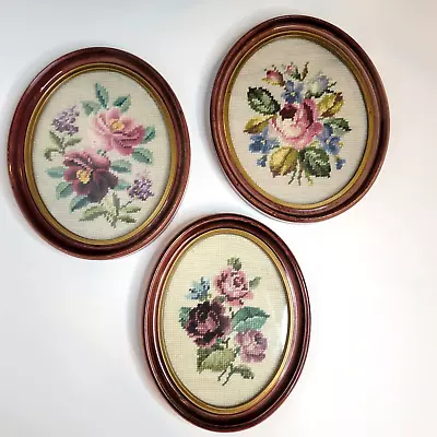 Set Of 3 Vintage Needlepoint Flower Roses Bouquets Pictures Oval Frames 11  X 9  • $35