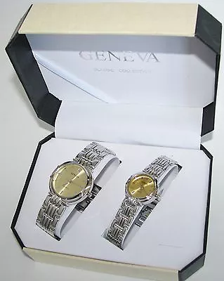 Geneva Polished Silver Tone S/steel Band+gold Dial 2two Piece His+her Watch Set • $63.09