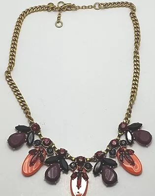 J.Crew Gold Tone Purple Rhinestone Statement Necklace Red Oval Round Stone 21 In • $9.95