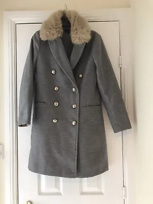 Topshop Grey Coat With Detachable Fur Collar Size 8 • £14.99