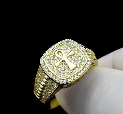 2 Carat Lab-Created Diamond Mens Pinky Ankh Cross Ring Yellow Gold Plated Silver • $243.19