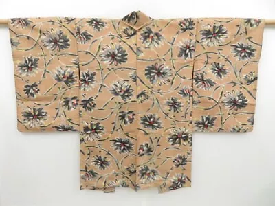 3201T06z410 Vintage Japanese Kimono Silk MEISEN HAORI Flower Light Brown • $35