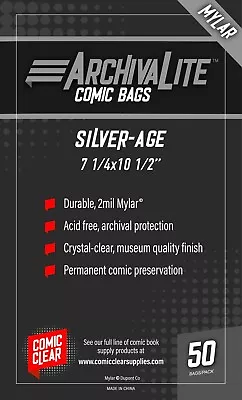 Silver Age Mylar Comic Bags (50) - Comic Clear - No-seal Closure Type • $17.99