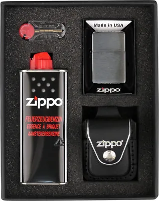 Zippo Set/Brushed Chrome/Leather Bag Black Loop /Petrol /Flint • £62.53