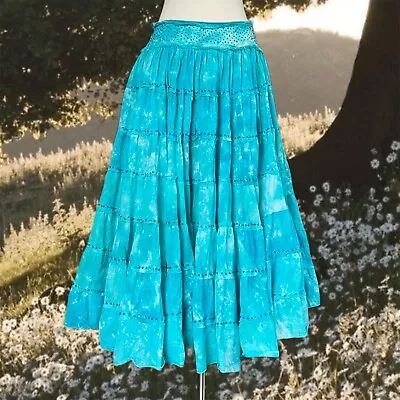 Vintage 90s Maxi Skirt Medium Blue Teal Tiered Sequin Beaded Mermaid Fairy Core • $25
