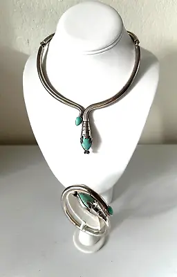 Vintage Sterling Silver Mexican Turquoise Snake Choker & Bracelet Set T5-34 • $567