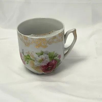 Vintage Porcelain Mustache Cup Mug Roses Pink White Flowers Gold Rim Scroll   • $12.95