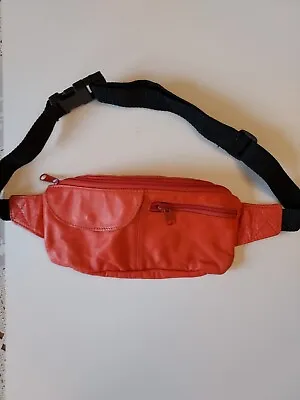 Vintage Leather Fanny Pack Multi Zippered Waist Bag Hip Belt Purse Orange Pouch • $9