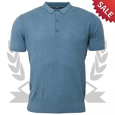 Relco Fine Gauge Knit Polo Shirt Diamond Argyle Knitted Blue Mod Retro Vintage • £20.99