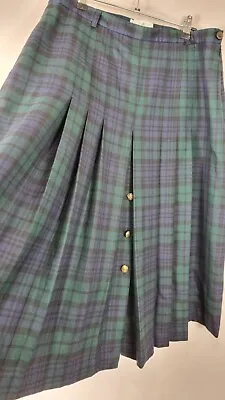 House Of Bruar Wool Skirt Kilt Size 18 Tartan Dark Green Blue Pleated Buttons • $80.82