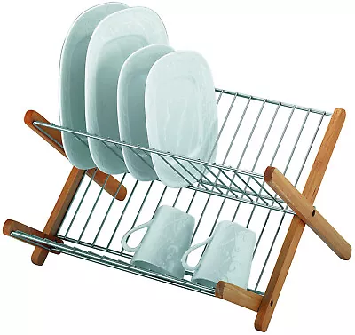 Avanti Dish Drying Rack Folding Chrome Wood Holder Drainer Tray Kitchen Sink  • $34.50