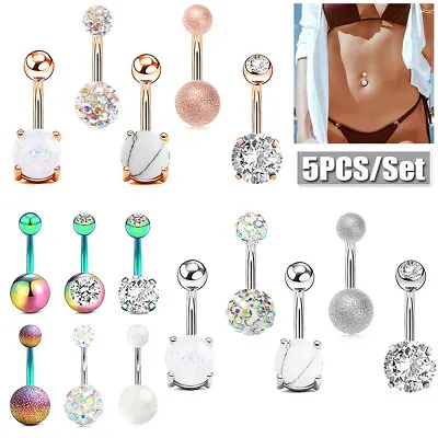 Pack Of 5 Belly Button Navel Bars Ring Crystal Stainless Steel Body Piercing • £7.64