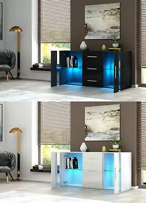 LED Sideboard High Gloss Buffet Cupboard Display Cabinet TV Unit Stand 2 3 Doors • £125.99