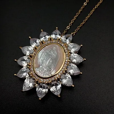 17.5  White Shell Virgin Mary Clear CZ Micro Pave Oval Shape Pendant Necklace • $13.50