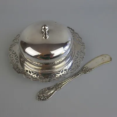 £14.99 • Buy Vintage Silver Plated Butter Dish W/Cover & Spreader. Lidded & Pierced. Round.