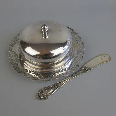 £14.99 • Buy Vintage Silver Plated Butter Dish W/Cover & Spreader. Lidded & Pierced. Round.
