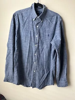 Polo Ralph Lauren Mens Chambray Shirt Sz Large Custom Fit Long Sleeve Blue Pony • $24.97