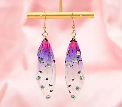 Butterfly Wings Earrings Pink Purple & Grey & Rhinestones Gold Hook Close • $20.95