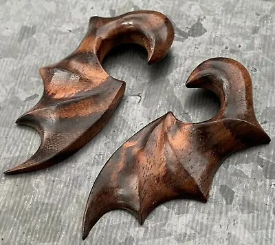 PAIR Sono Wood Bat Wing Tapers Plugs Tunnel Expanders Hand Carved Organic Gauges • $20.95