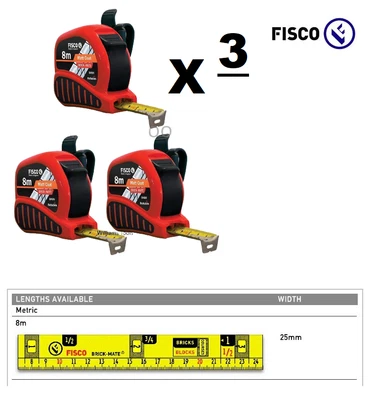 3 X Fisco BrickMate Tape Measure 8m Brick Block Courses 25mm Blade Metric Build • £67.95
