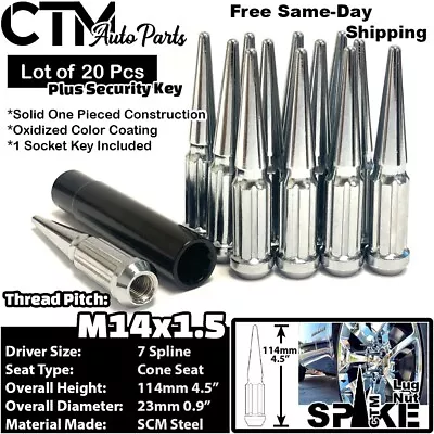 20x 4.5  Tall Chrome 14x1.5 Spline Spike Lug Nuts + Key Fit Chevy Cadillac Buick • $41.39