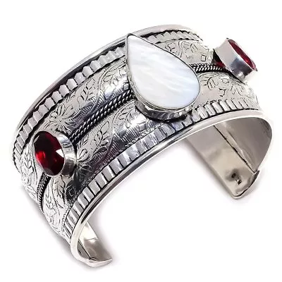 Mother Of Pearl Garnet Gemstone 925 Sterling Silver Cuff Bracelet Adjustable • $23.75