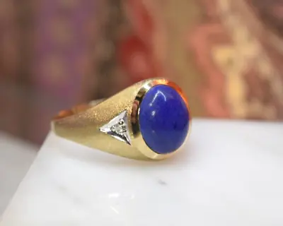 Vintage Men's 10K Yellow Gold Blue Lapis Diamond Ring Sz 12.25 • $450