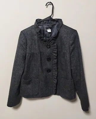 J Crew Jacket Women's 12 Dark Gray Herringbone Fiona Ruffle 100% Wool Blazer • $28.99