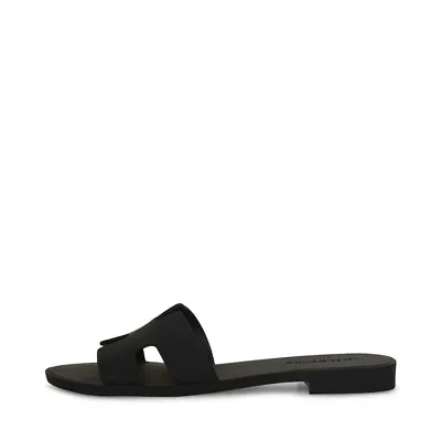 Steve Madden Hadyn-J Black Leather Slip On Open Rounded Toe Fashion Flat Sandals • $29.95