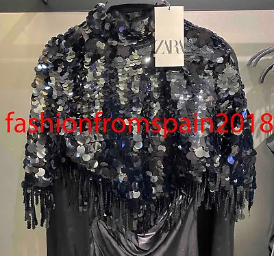 Zara New Woman Short Fringed Sequinned Cape Black S-ml-xl  1758/201 • $82.49