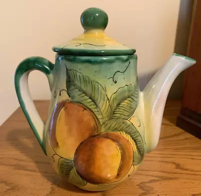 Majolica Teapot Or Coffee Pot W/Green Yellow Orange Peaches With Lid 9  Tall • $15