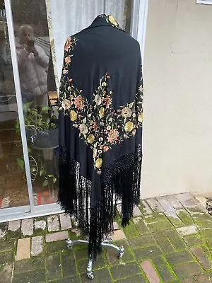 Piano/Spanish Dance Shawl Vintage Silk Black With Florals Fringed • $175