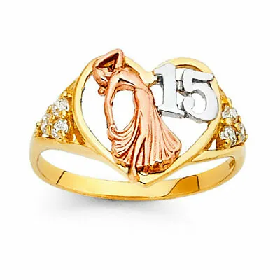 Lady Sweet Heart Quinceañera 15 Años CZ 14k 3 Tone Gold Ring Oro Corazon Anillo • $251.98