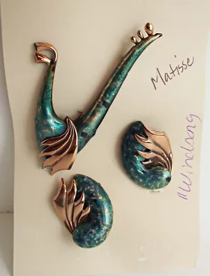 LOVELY Vtg Matisse Green Enameled Copper Windsong Brooch & Earrings Set Bird • $78