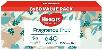 Huggies Thick Baby Wipes Fragrance Free 640 Pack (8 X 80 Pack) • $28.60