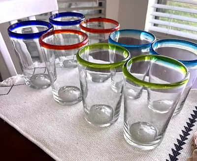 Set Of 8 Mexican Hand Blown Glass Tumblers With Four Different Color Rims 24 Oz. • $49.99