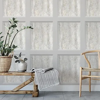 Muriva Eterna Taupe Distressed Marble Wood Panel 3D Stone Effect Wallpaper • £11.69