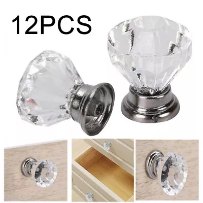 12Pcs Clear Diamond Crystal Glass Door Knobs Drawer Wardrobe Cabinet Handles New • £9.54