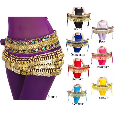 Belly Dance Costume Chain Hip Scarf Skirt Wrap Gold Coins Gemstone Velvet Belts • £10.82