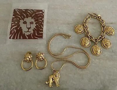 Vintage Anne Klein Couture Gold Lion Jewelry Set Door Knocker Earrings Bracelet  • $150