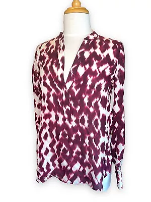 NWOT Vince Silk Blouse Band Collar Abstract Geometric Print Burgundy Red Size 2 • $44